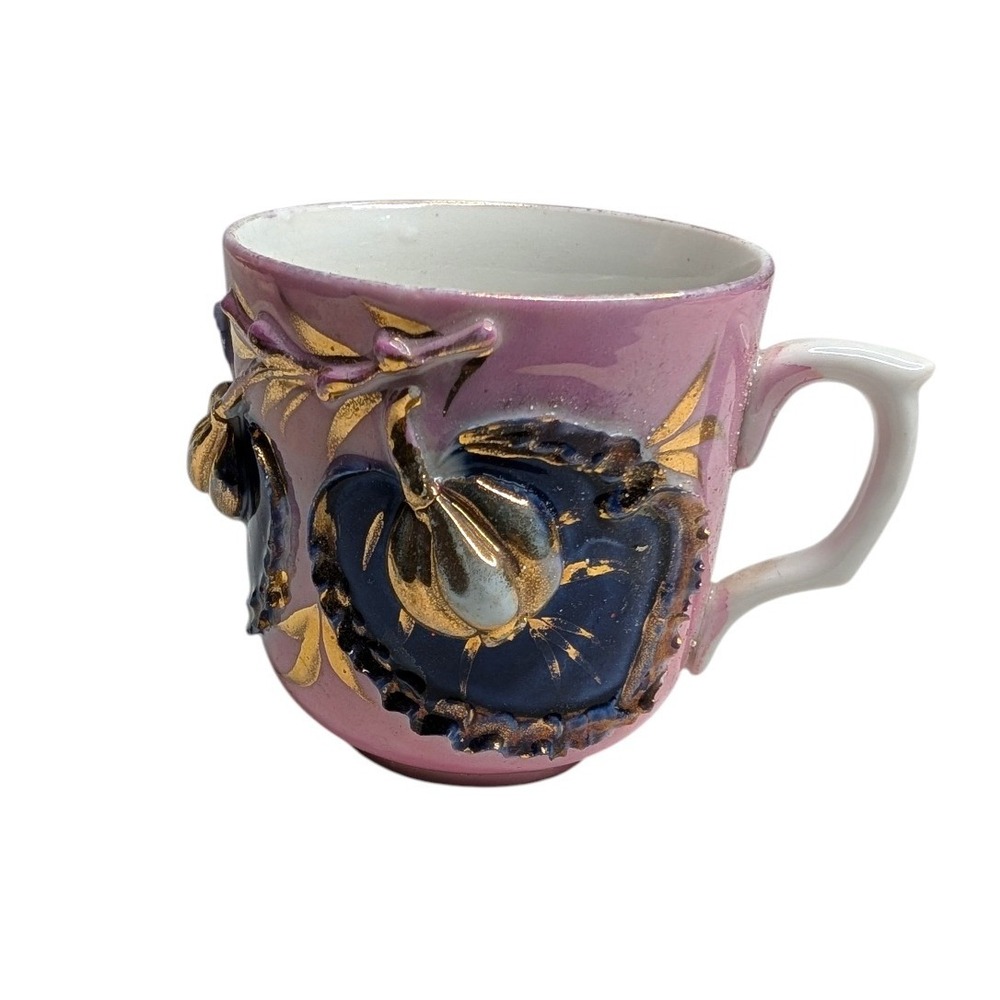 Antique German Lusterware Souvenir Cup Pittsburg‎ Pa Pink Gold Cobalt Porcelain